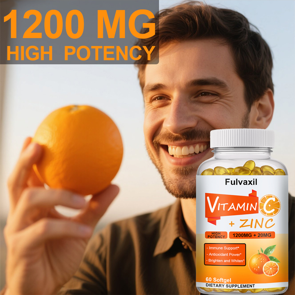 Fulvaxil Vitamin C + Zinc Softgels, 1200mg Vitamin C + 20mg Zinc, High Potency Antioxidant & Immune Support, 60 Softgels