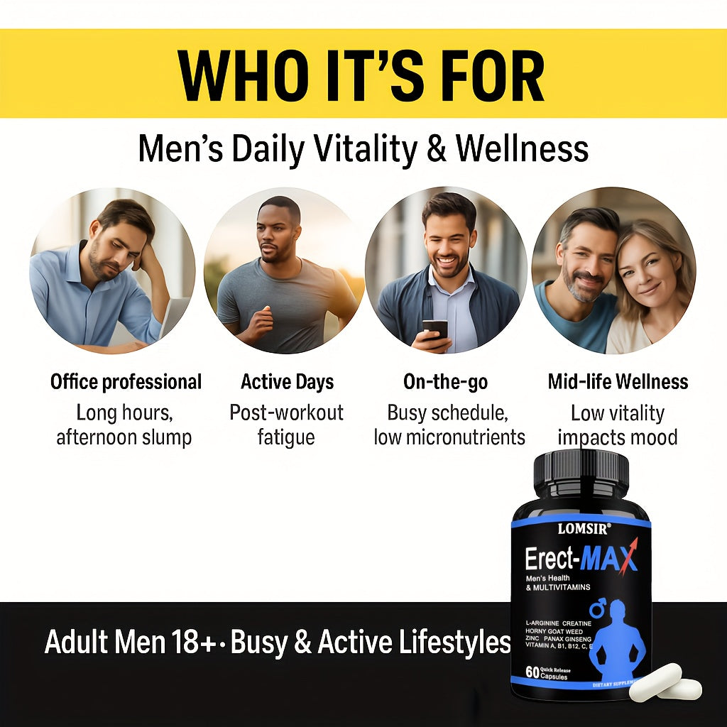 LOMSIR Erect-MAX Men’s Health & Multivitamin Capsules with L-Arginine, Creatine, Zinc & Ginseng, 60 Capsules