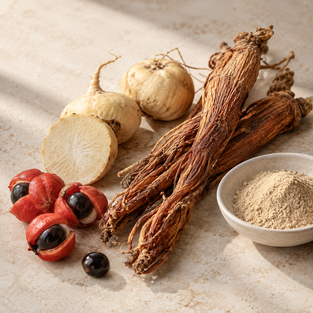 Illustrative composition of red ginseng, maca and guarana on a cream surface.