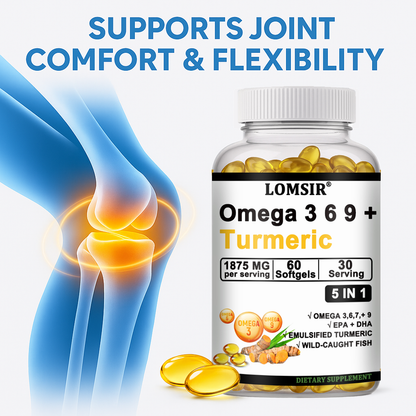 LOMSIR Omega 3 6 9 + Turmeric Softgels, 1875mg Per Serving, 60 Softgels