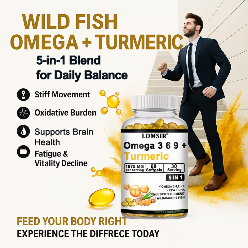 LOMSIR Omega 3 6 9 + Turmeric Softgels, 1875mg Per Serving, 60 Softgels