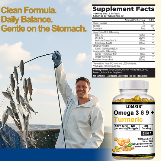 LOMSIR Omega 3 6 9 + Turmeric Softgels, 1875mg Per Serving, 60 Softgels