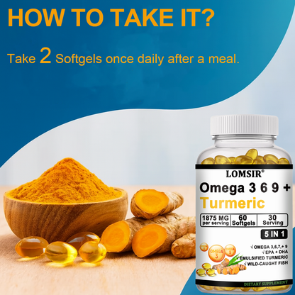 LOMSIR Omega 3 6 9 + Turmeric Softgels, 1875mg Per Serving, 60 Softgels