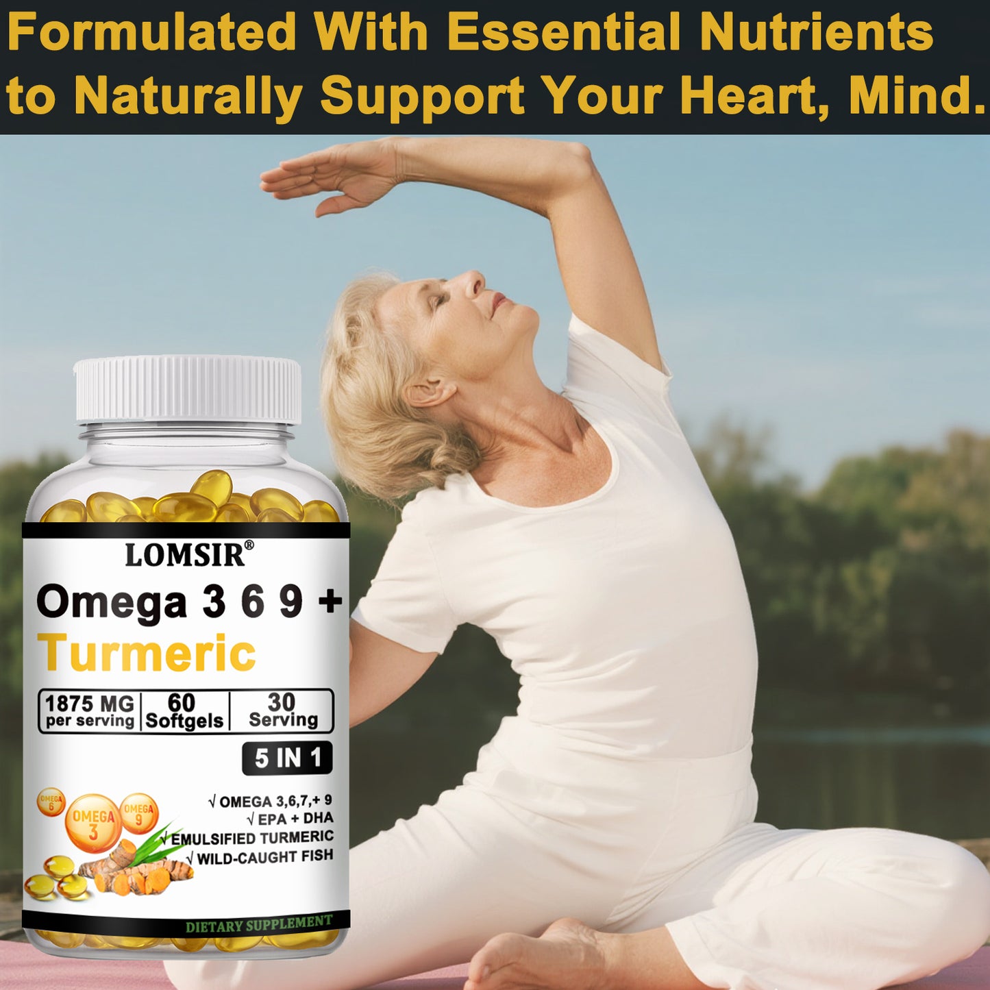 LOMSIR Omega 3 6 9 + Turmeric Softgels, 1875mg Per Serving, 60 Softgels