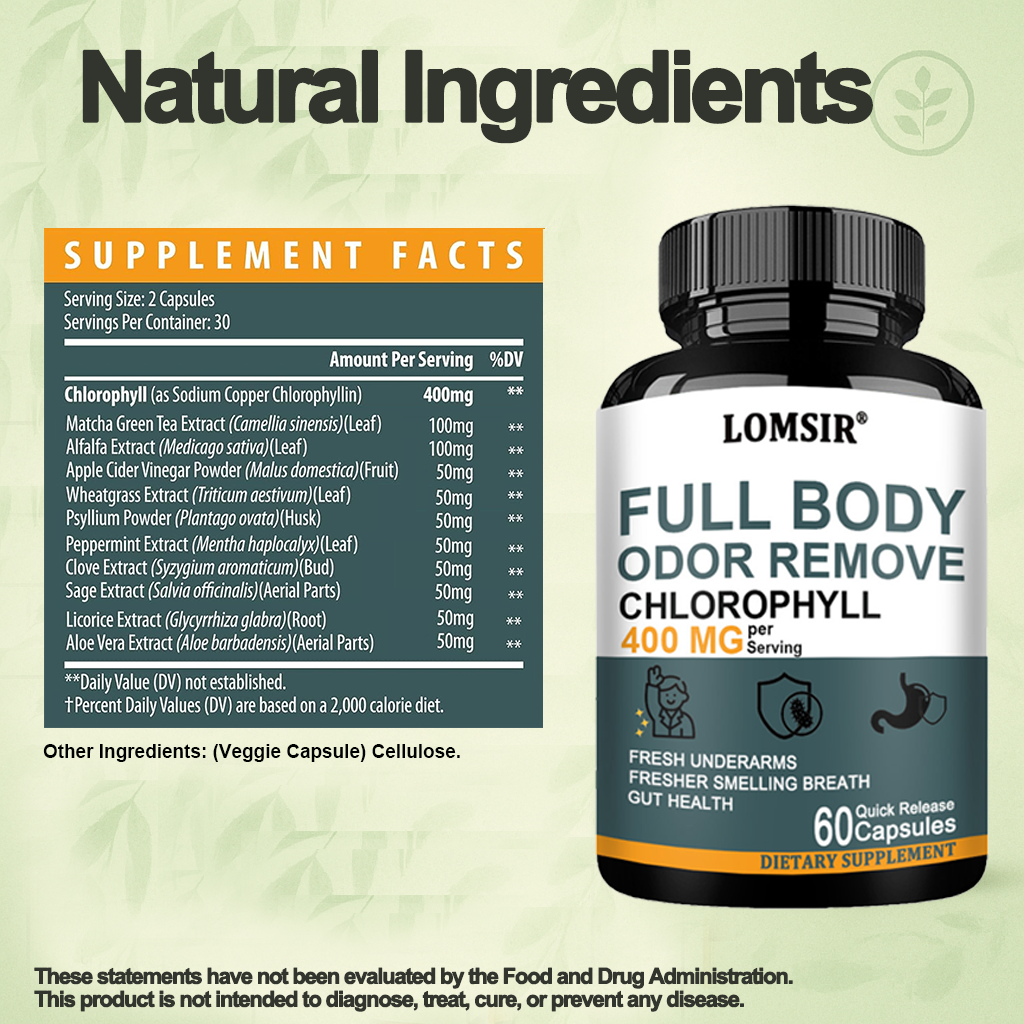 Chlorophyll 400 mg Capsules with Matcha, Alfalfa & Peppermint | 60 Count