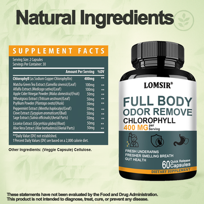 Chlorophyll 400 mg Capsules with Matcha, Alfalfa & Peppermint | 60 Count