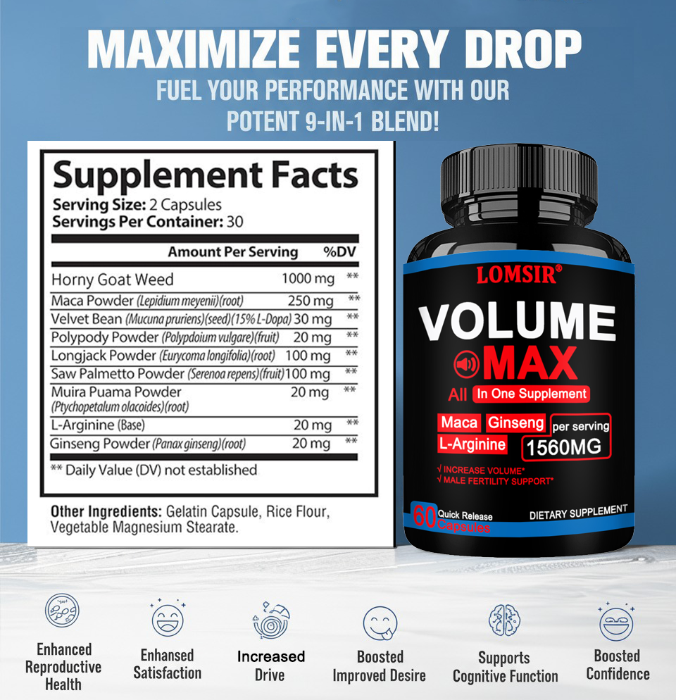 LOMSIR Volume Booster Capsules with Maca, Ginseng & L-Arginine, Male Fertility Support, 60 Capsules