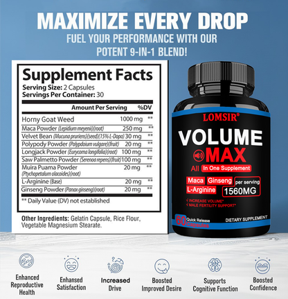 LOMSIR Volume Booster Capsules with Maca, Ginseng & L-Arginine, Male Fertility Support, 60 Capsules