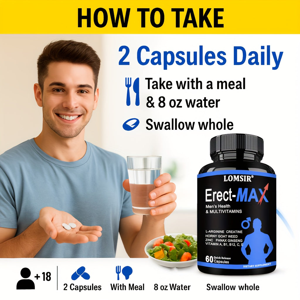LOMSIR Erect-MAX Men’s Health & Multivitamin Capsules with L-Arginine, Creatine, Zinc & Ginseng, 60 Capsules