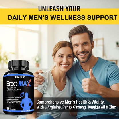 LOMSIR Erect-MAX Men’s Health & Multivitamin Capsules with L-Arginine, Creatine, Zinc & Ginseng, 60 Capsules