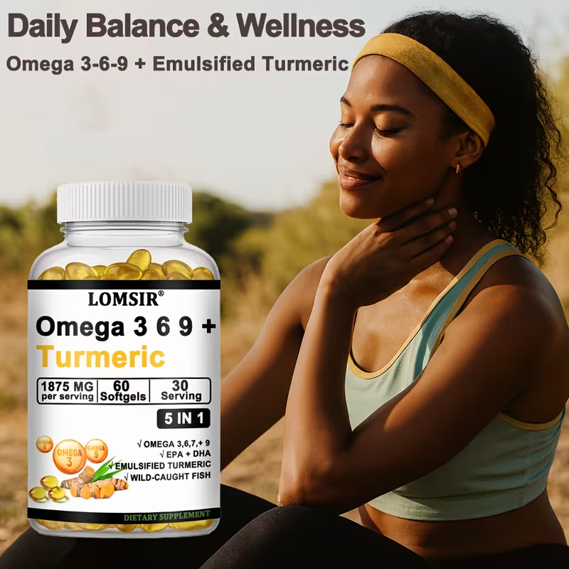 LOMSIR Omega 3 6 9 + Turmeric Softgels, 1875mg Per Serving, 60 Softgels