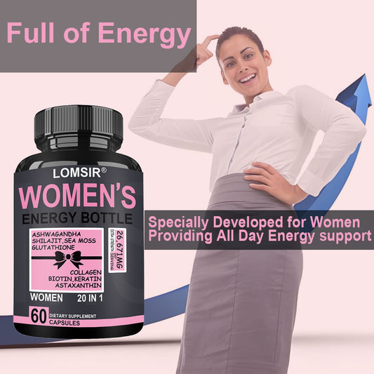 Women's Energy Supplement, With Ashwagandha, Shilajit, Sea Moss, Collagen And Biotin, 20 In 1 Vitamins & Minerals - 60 Capsules