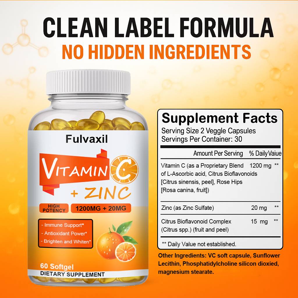 Fulvaxil Vitamin C + Zinc Softgels, 1200mg Vitamin C + 20mg Zinc, High Potency Antioxidant & Immune Support, 60 Softgels