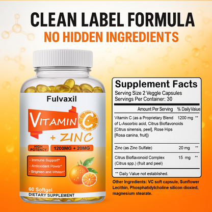 Fulvaxil Vitamin C + Zinc Softgels, 1200mg Vitamin C + 20mg Zinc, High Potency Antioxidant & Immune Support, 60 Softgels