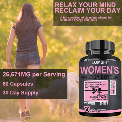 Women's Energy Supplement, With Ashwagandha, Shilajit, Sea Moss, Collagen And Biotin, 20 In 1 Vitamins & Minerals - 60 Capsules