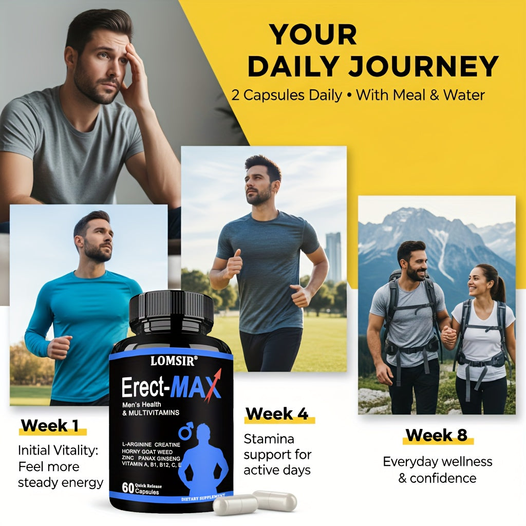 LOMSIR Erect-MAX Men’s Health & Multivitamin Capsules with L-Arginine, Creatine, Zinc & Ginseng, 60 Capsules