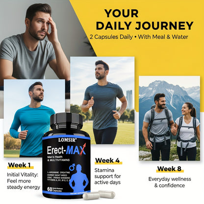 LOMSIR Erect-MAX Men’s Health & Multivitamin Capsules with L-Arginine, Creatine, Zinc & Ginseng, 60 Capsules
