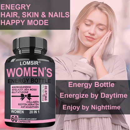 Women's Energy Supplement, With Ashwagandha, Shilajit, Sea Moss, Collagen And Biotin, 20 In 1 Vitamins & Minerals - 60 Capsules