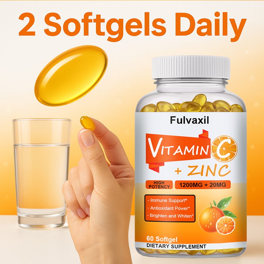 Fulvaxil Vitamin C + Zinc Softgels, 1200mg Vitamin C + 20mg Zinc, High Potency Antioxidant & Immune Support, 60 Softgels