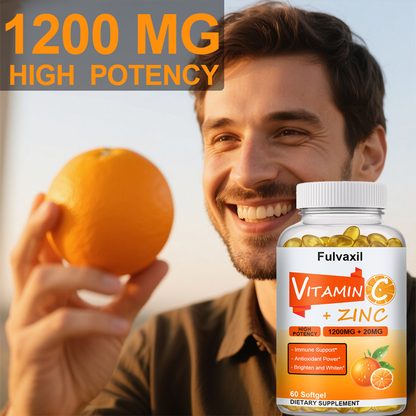 Fulvaxil Vitamin C + Zinc Softgels, 1200mg Vitamin C + 20mg Zinc, High Potency Antioxidant & Immune Support, 60 Softgels