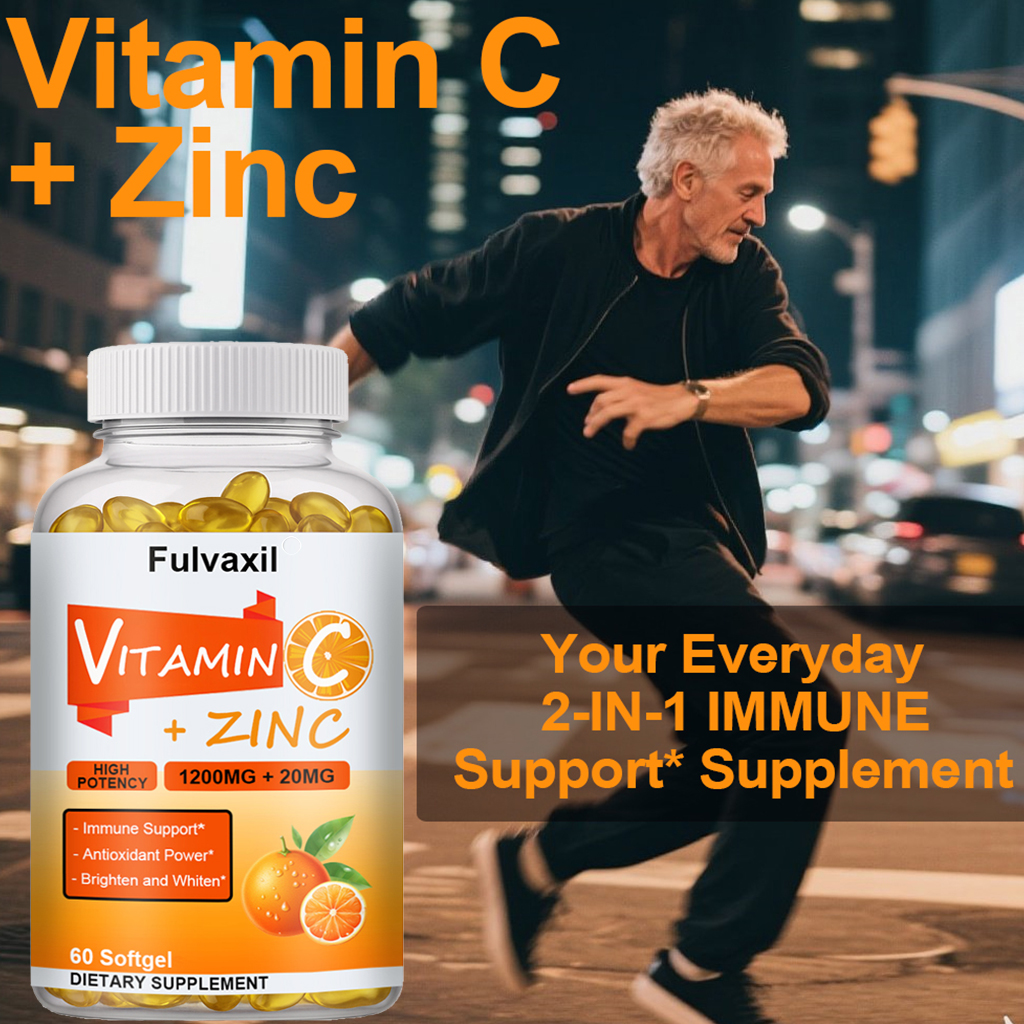 Fulvaxil Vitamin C + Zinc Softgels, 1200mg Vitamin C + 20mg Zinc, High Potency Antioxidant & Immune Support, 60 Softgels