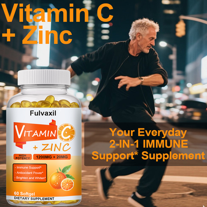 Fulvaxil Vitamin C + Zinc Softgels, 1200mg Vitamin C + 20mg Zinc, High Potency Antioxidant & Immune Support, 60 Softgels