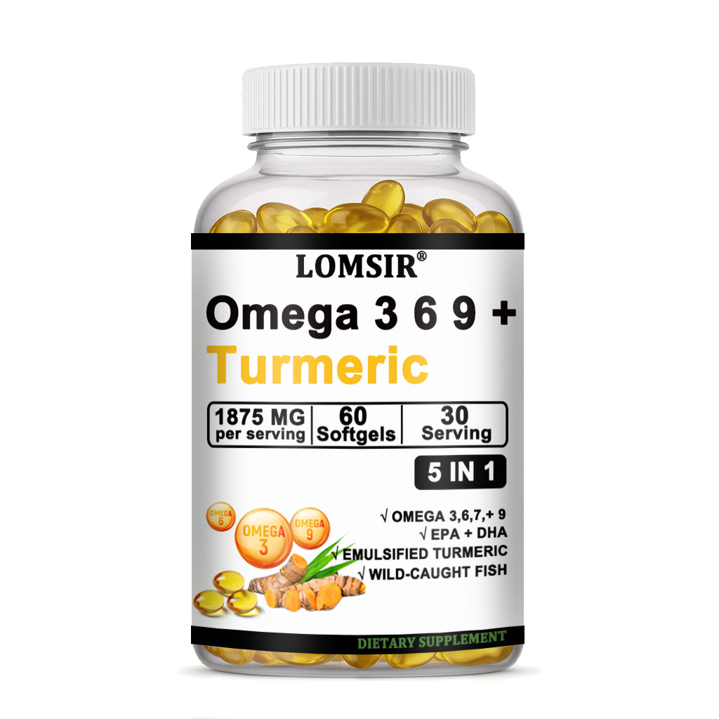 LOMSIR Omega 3 6 9 + Turmeric Softgels, 1875mg Per Serving, 60 Softgels