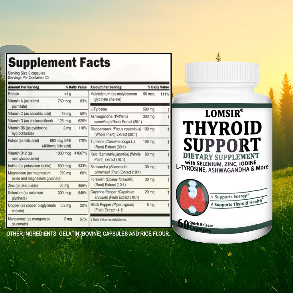 LOMSIR Thyroid Support Capsules with Selenium, Zinc, Iodine & L-Tyrosine, 60 Capsules
