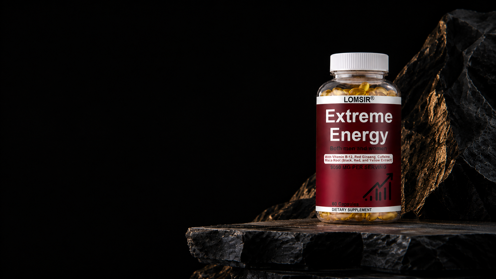 LOMSIR Extreme Energy supplement with B12, red ginseng, guarana, maca root, and caffeine, 60 capsules.