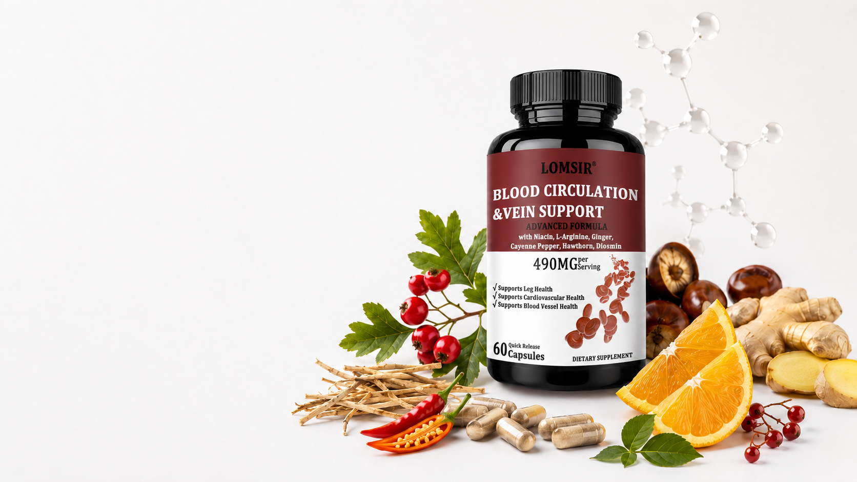 LOMSIR Blood Circulation & Vein Support supplement with hawthorn, ginger, niacin, L-arginine, and diosmin, 60 capsules.