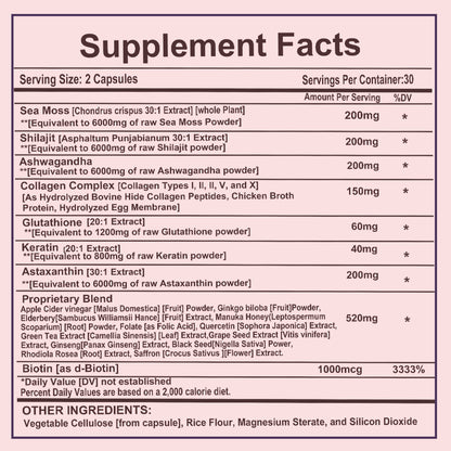 Women's Energy Supplement, With Ashwagandha, Shilajit, Sea Moss, Collagen And Biotin, 20 In 1 Vitamins & Minerals - 60 Capsules