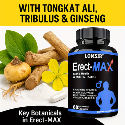 LOMSIR Erect-MAX Men’s Health & Multivitamin Capsules with L-Arginine, Creatine, Zinc & Ginseng, 60 Capsules