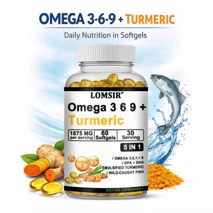LOMSIR Omega 3 6 9 + Turmeric Softgels, 1875mg Per Serving, 60 Softgels