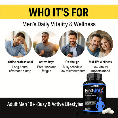LOMSIR Erect-MAX Men’s Health & Multivitamin Capsules with L-Arginine, Creatine, Zinc & Ginseng, 60 Capsules